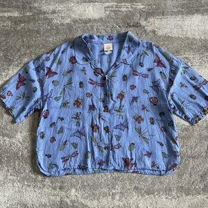 Tom Tom California Womens Large Linen Button Down Bugs Butterfly Dragonfly Crop
